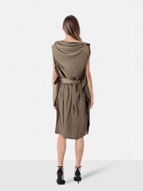 Lanvin Khaki Silk Ruched Detail Midi Dress