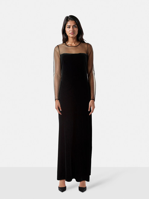 Anne Fontaine Black Velvet Mesh Detail Maxi Dress