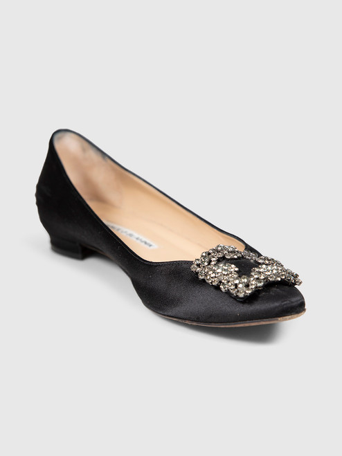 Manolo Blahnik Black Hangisi Crystal Flats