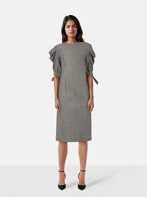 Alberta Ferretti Grey Tartan Ruched Sleeve Dress