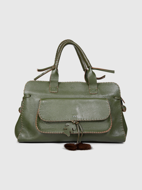 Anya Hindmarch Green Leather Fur Tassel Handbag