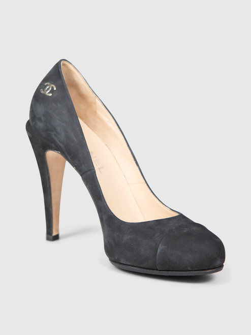 Chanel Black Nubuck Leather Cap Toe CC Pumps Chanel Black Nubuck Leather Cap Toe CC Pumps