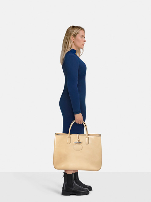 Longchamp Beige Patent Leather Roseau Tote