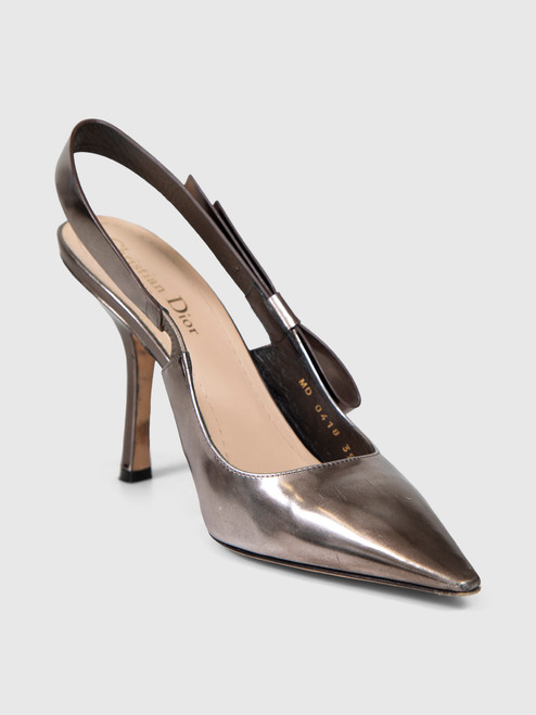 Dior Silver Metallic Leather Slingback Heels