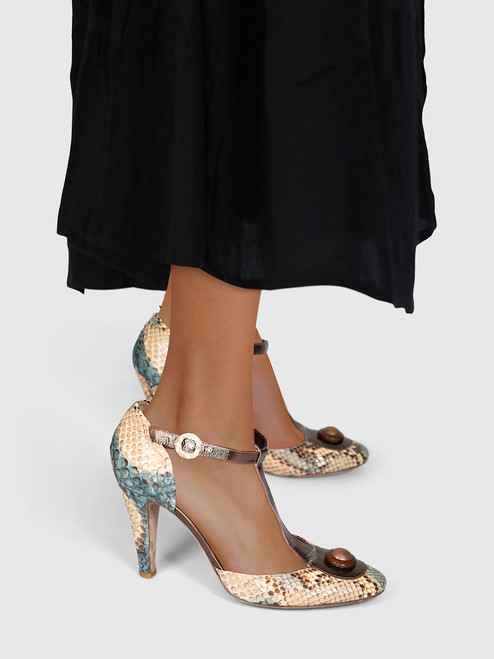 Anya Hindmarch Python Leather T-Strap Heels