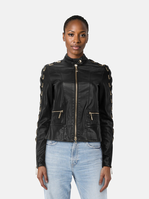 Roberto Cavalli Black Leather Woven Sleeves Jacket