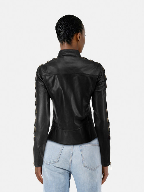 Roberto Cavalli Black Leather Woven Sleeves Jacket