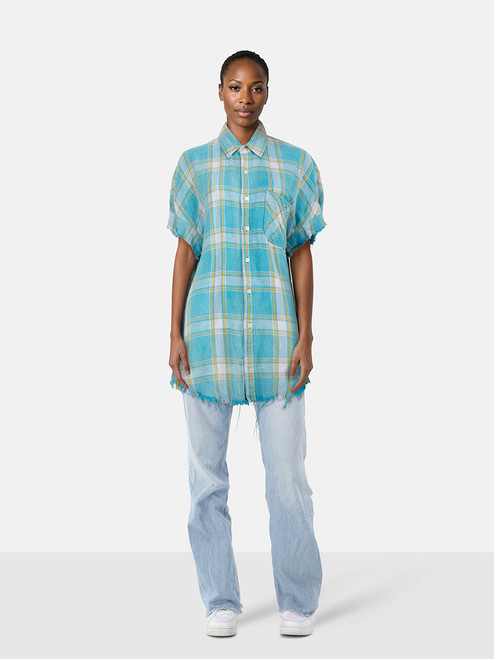 R13 Blue Tartan Distressed Flannel Shirt R13 Blue Tartan Distressed Flannel Shirt