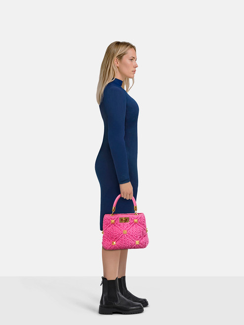 Valentino Garavani Pink Roman Stud Knit Top Handle Bag Valentino Garavani Pink Roman Stud Knit Top Handle Bag