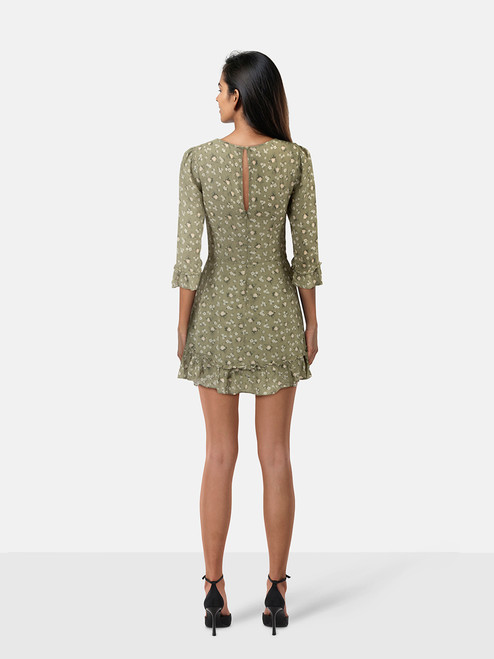 Reformation Green Floral Mid Sleeve Dress