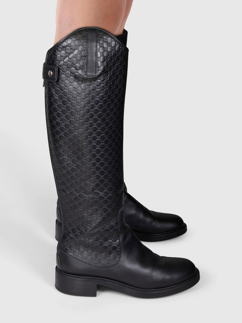 Gucci Black Leather Guccissima Knee Boots