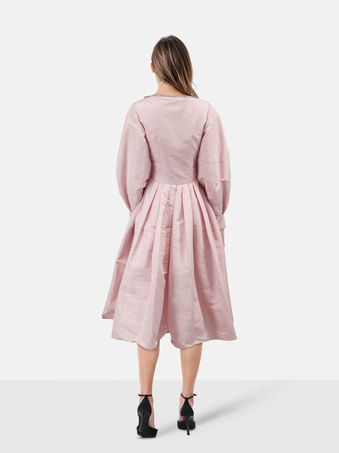 Alexander McQueen Pink Puff-Sleeve Pleated Faille Midi Dress