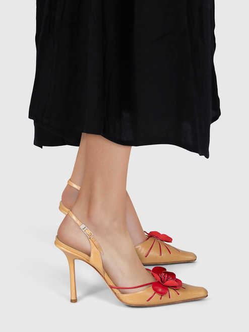 Jimmy Choo Beige & Red Leather Floral Sling Back Heels
