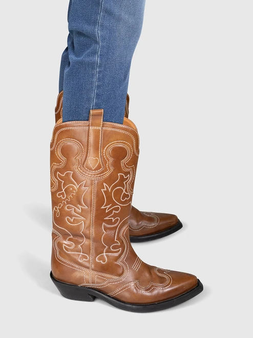 Ganni Brown Leather Embroidered Western Boots