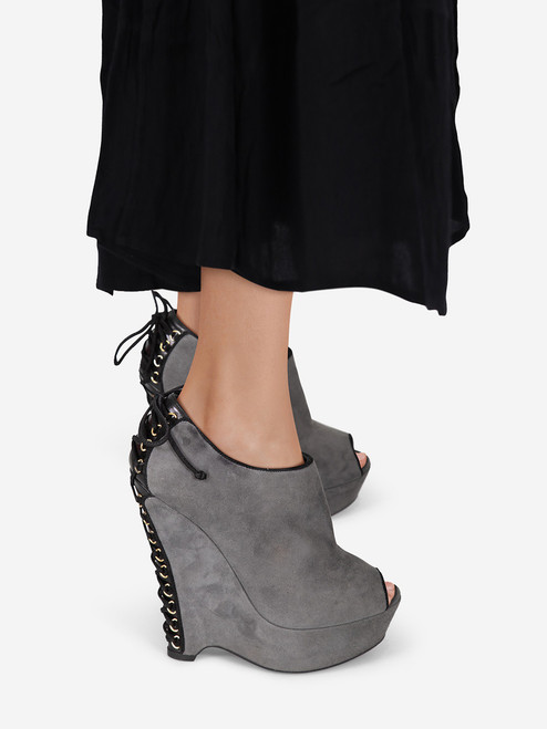 Saint Laurent Grey Suede Peep Toe Lace Up Wedge