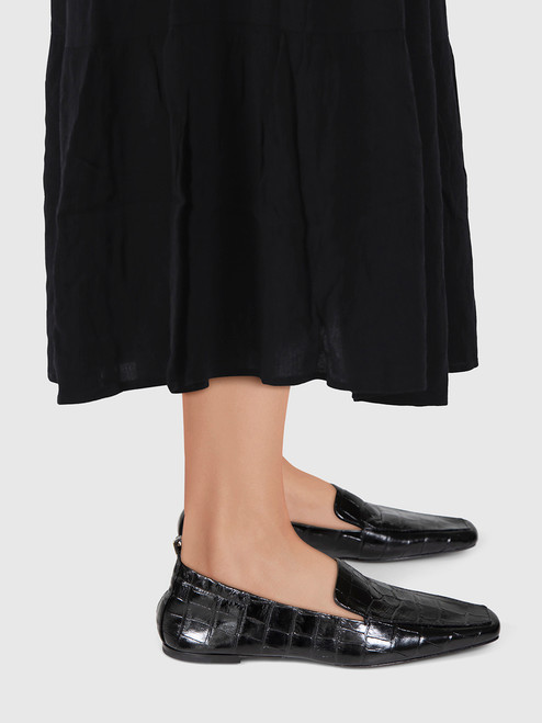 Totême Black Leather Croc Embossed Loafers