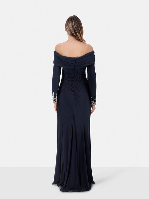 Mac Duggal Navy Crystal Embellished Ruched Dress