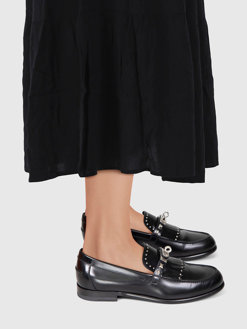 Hermès Black Leather Fringed Destin Loafers