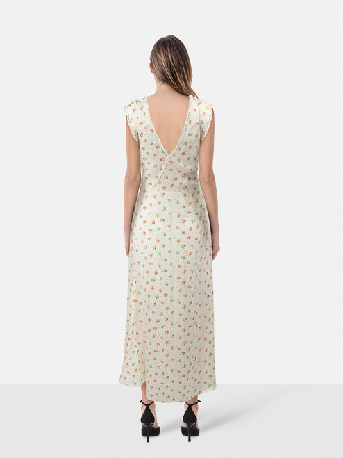 DÔEN Ecru Floral Print Silk Midi Dress