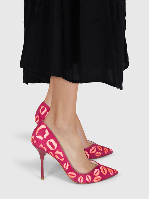 Sophia Webster Pink Suede Embroidered Lips Pumps