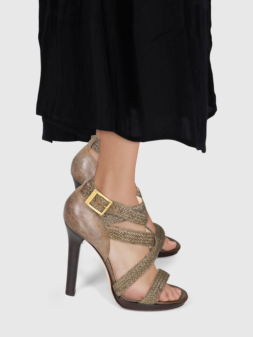 Jimmy Choo Brown Woven Leather Heeled Sandals