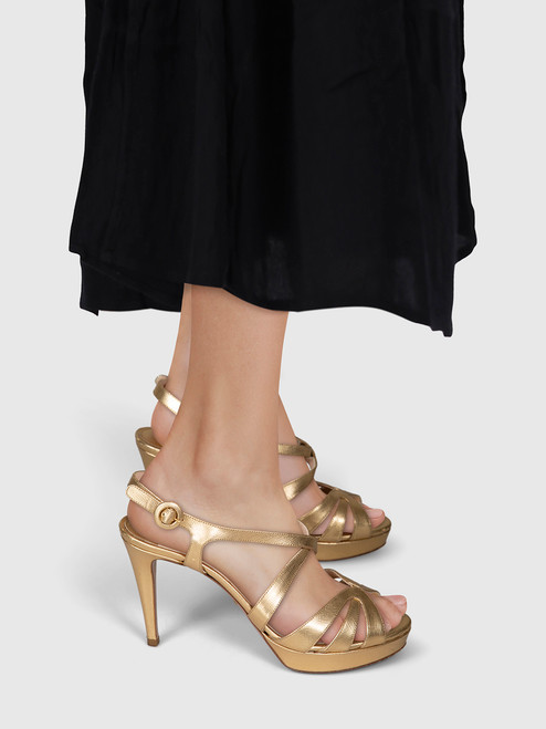 Prada Gold Saffiano Leather Heeled Sandals