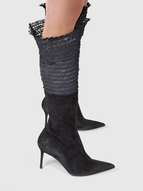 John Galliano Black Suede Lace Trim Boots
