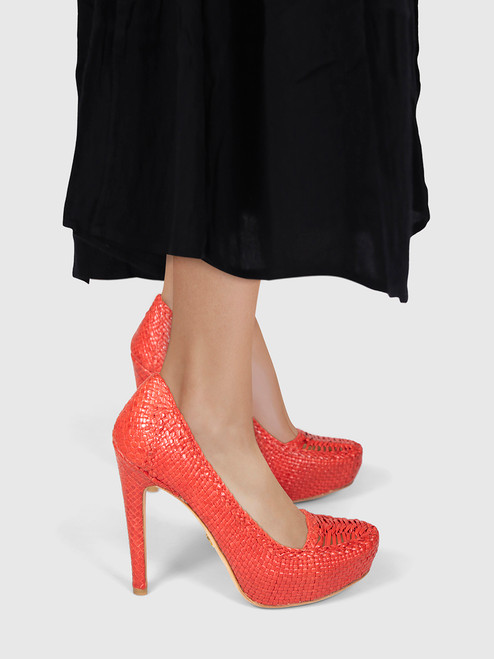 Prada Red Leather Woven Platform Pumps