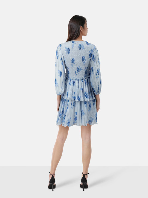 Ganni Blue Floral Print Pleated Mini Dress