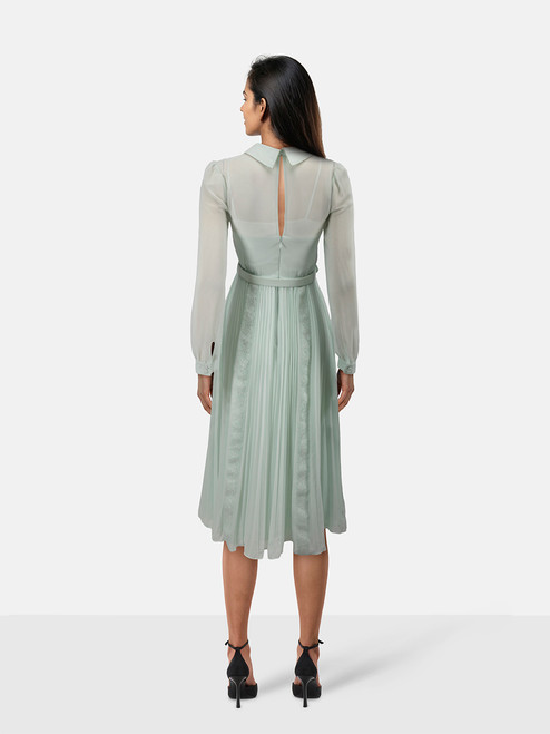 Self-Portrait Green Pleated Diamante Detail Midi Dress