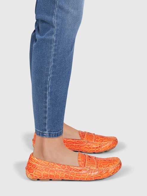 Prada Orange Leather Croc Embossed Loafers Prada Orange Leather Croc Embossed Loafers