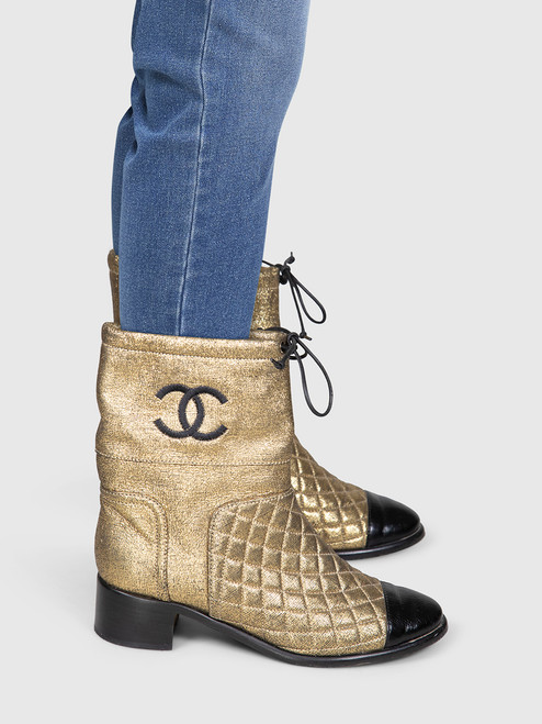 Chanel Gold Quilted CC Ankle Boots
