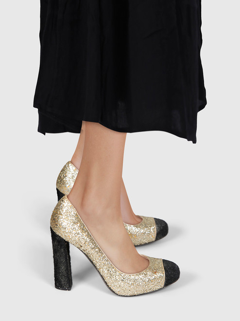 Miu Miu Gold Glitter & Calfskin Pumps