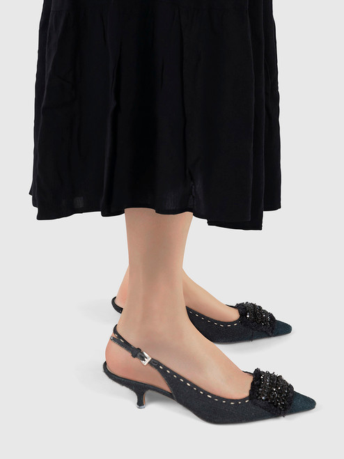 Prada Black Embellished Kitten Slingback Heels
