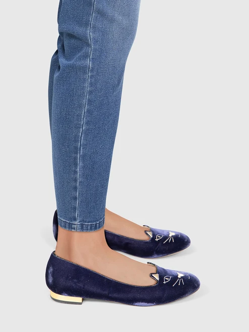 Charlotte Olympia Navy Velvet Cat Flats