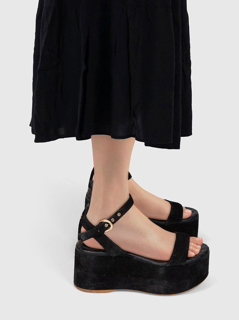 Chanel 2015 Black Suede CC Wedge Sandals