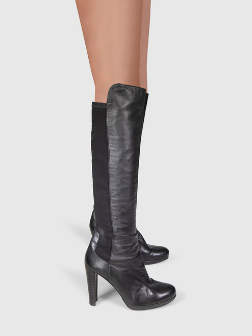 Stuart Weitzman Black Leather & Stretch Heeled Boots