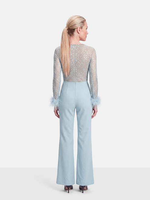 Nadine Merabi Blue Embellished Feather Cuff Jumpsuit