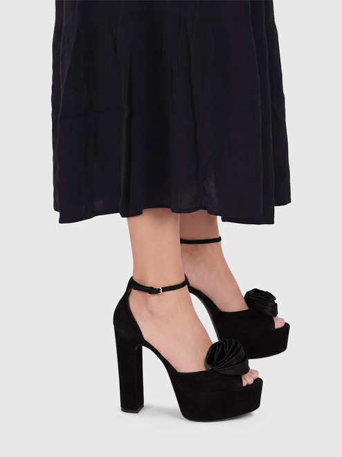 Saint Laurent Black Suede Jodie Flower Detail Platform Sandals
