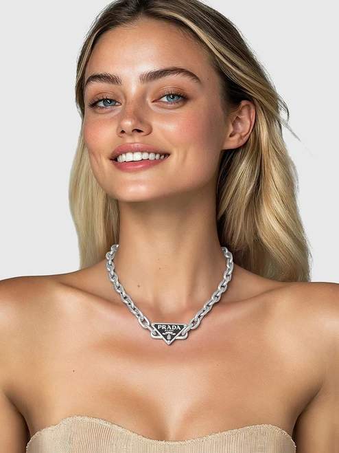 Prada Sterling Silver Triangle Logo Chain Necklace