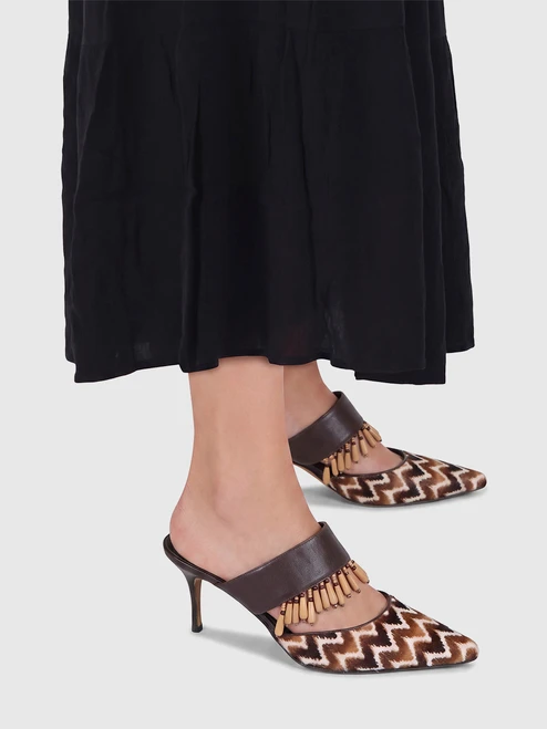 Manolo Blahnik Zig Zag Pony Hair Wood Charm Mules