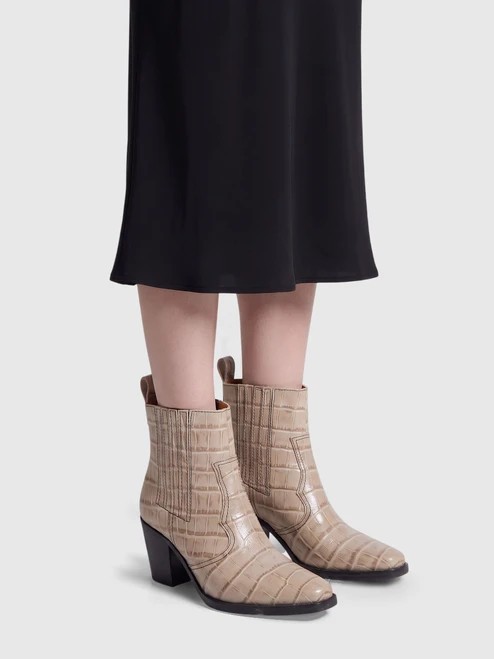 Ganni Grey Leather Croc Embossed Cowboy Boots