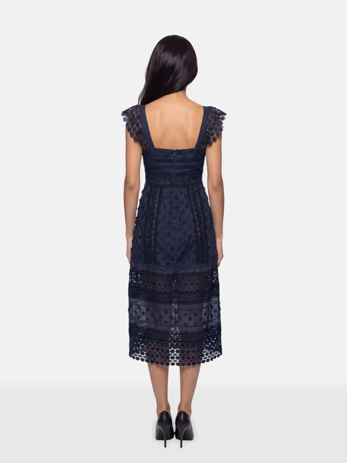Self-Portrait Navy Floral Lace Trim Bluebell Midi Dress