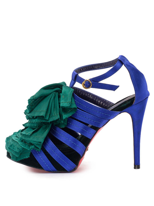 Suecomma Bonnie Blue & Green Satin Ruffle Sandal Heels
