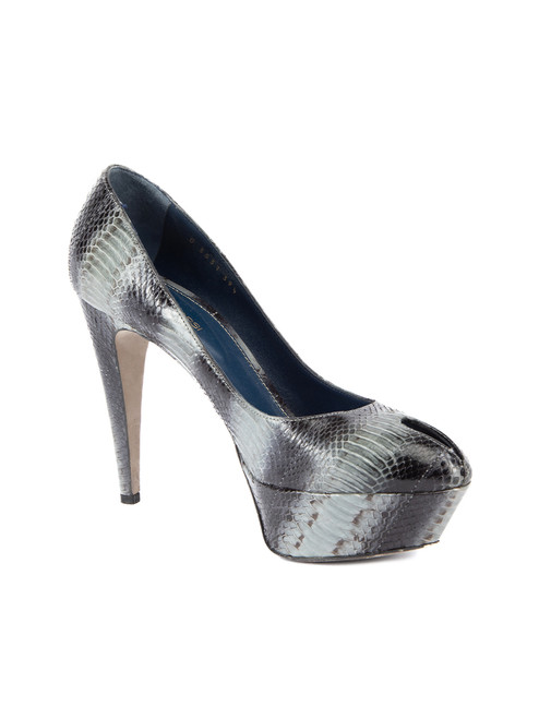 Sergio Rossi Blue Grey Snakeskin Platform Peep Toe Heel