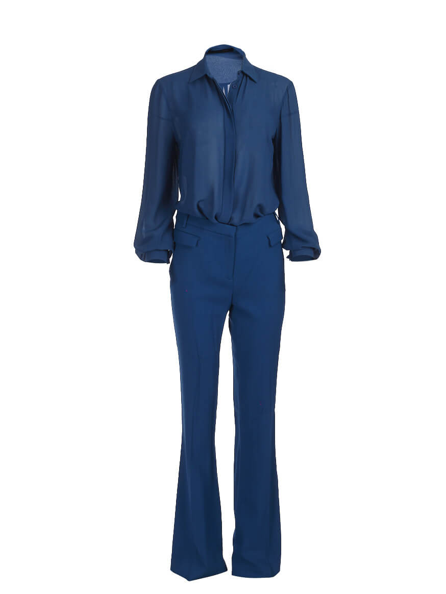 Women Elie Saab Silk Blouse & Straight Leg Trousers - Blue Size M UK 12 US 8 FR 40
