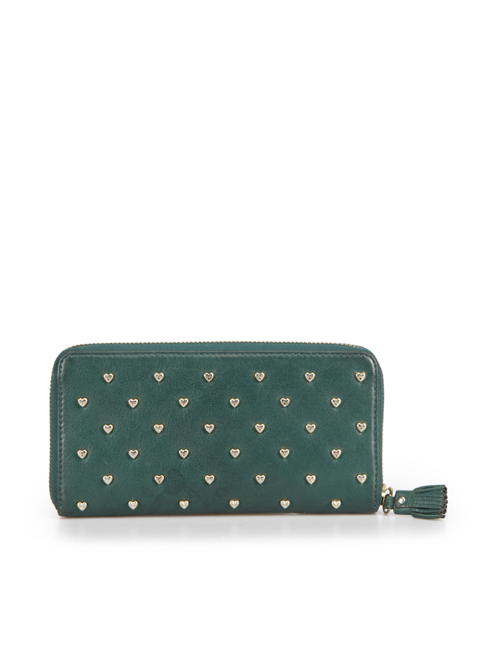 Green Leather Joss Heart Studded Zip Around Continental Wallet