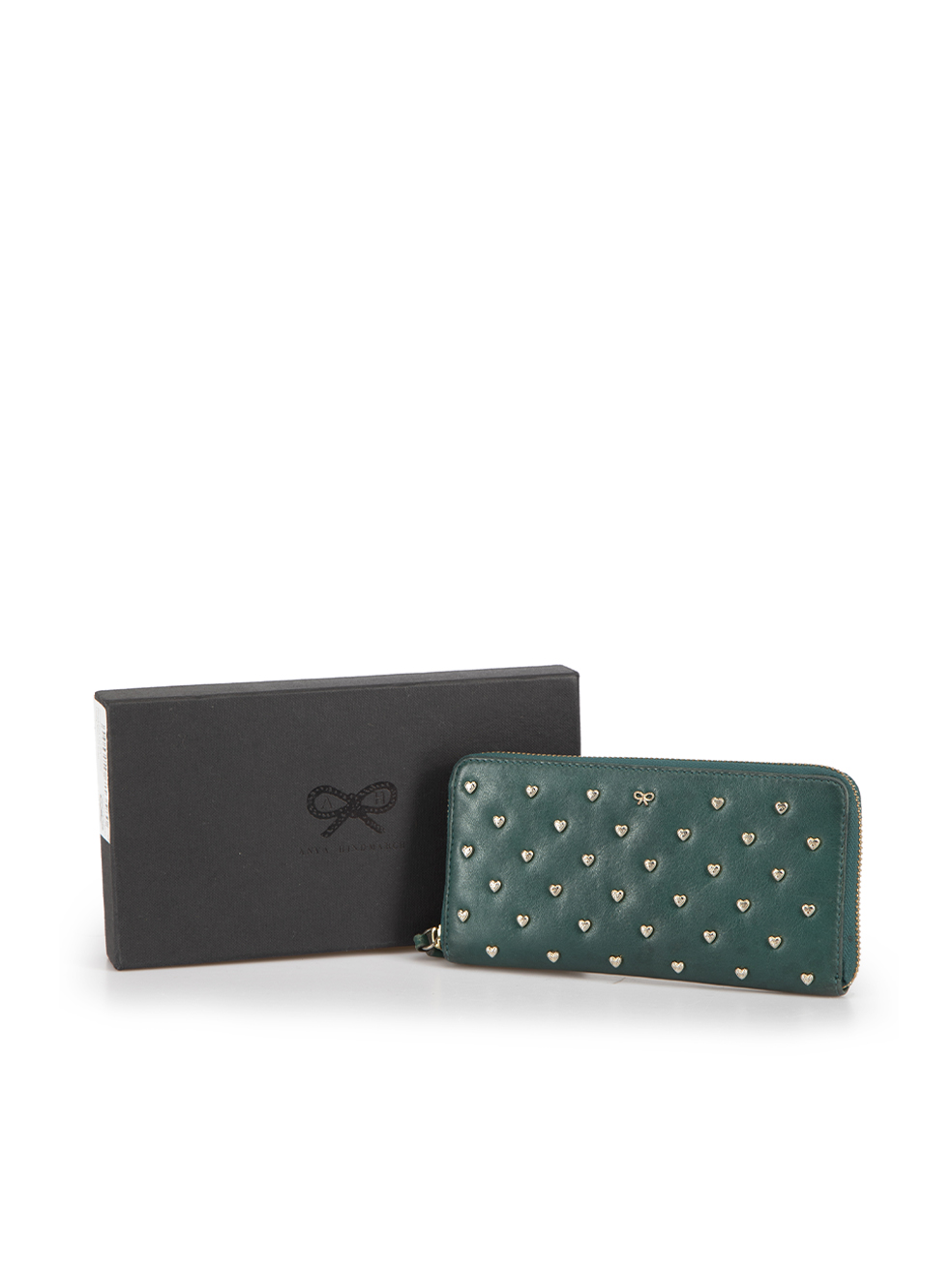 Green Leather Joss Heart Studded Zip Around Continental Wallet