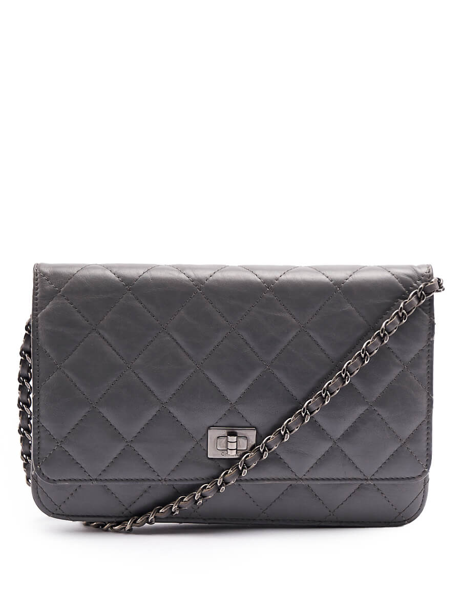 Women Chanel Grey Leather 2.55 Reissue Wallet On Chain Bag