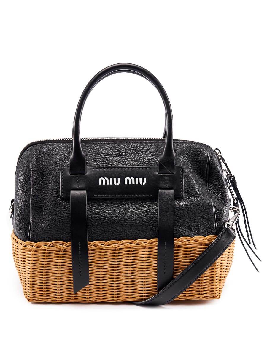 Miu Miu Black Leather \'Wicker And Madras\' Handbag